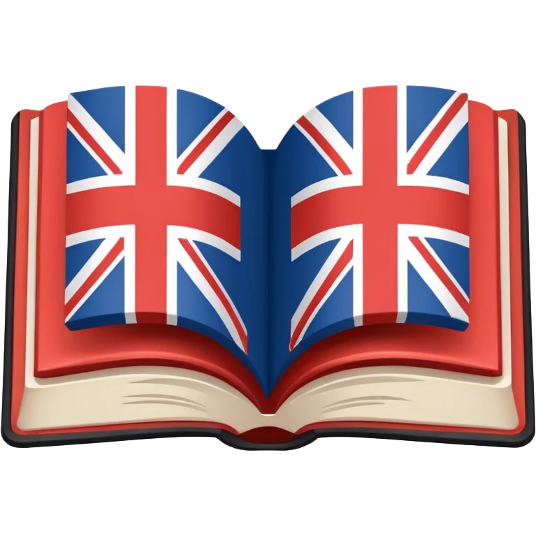 Minimalistic flat vector icon, iOS style, thin black contour on white background. Open book with a small UK/USA flag symbol. No text, no shadows. emoji