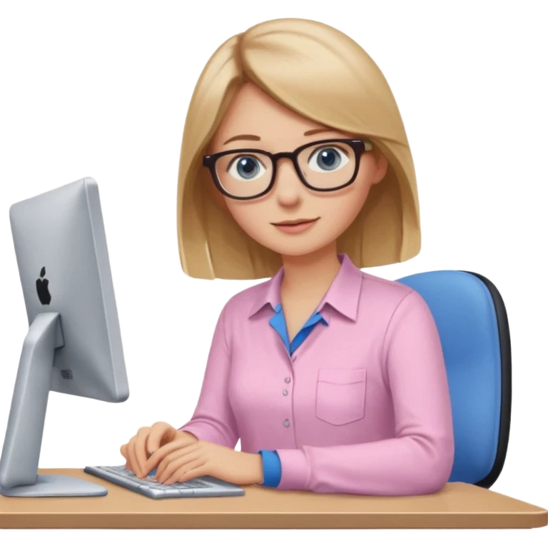 redattrice editoriale. Bionda, capelli lisci biondo scuro, lunghezza media. Occhi blu con occhiali. è al pc a lavorare. Indossa una camicia rosa chiaro emoji