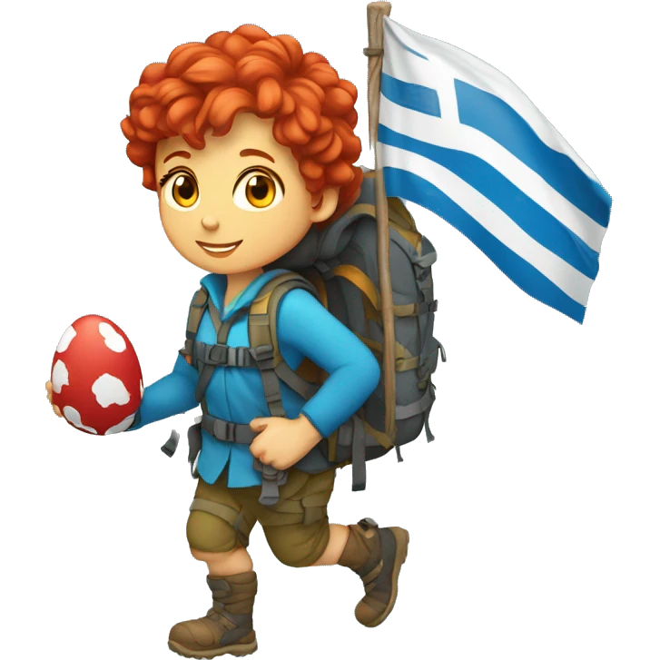 Female mountain climber red hair climbing with Greek flag on backpack and holding Easter eggs basket emoji