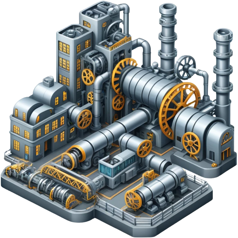 An icon featuring a giant factory with industrial machines and assembly lines, symbolizing mechanical engineering. The design includes gears, robotic arms, and blueprints, representing the creation of machinery and complex systems. Transparent background highlights innovation in manufacturing emoji
