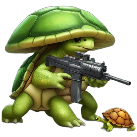 Strong muscles Mushroom turtle with a machine gun with turtle shell on helmet emoji