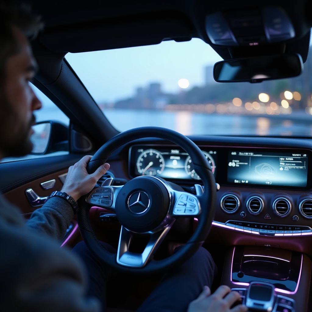 Cinematic, hyperrealistic POV from inside a 2025 Mercedes-Benz S-Class. Luxury interior, ambient blue/purple lighting, futuristic dashboard, glowing infotainment, realistic hand on Mercedes-branded steering wheel. Reflections on trim, dynamic shadows, blurred windshield. 8K detail. emoji