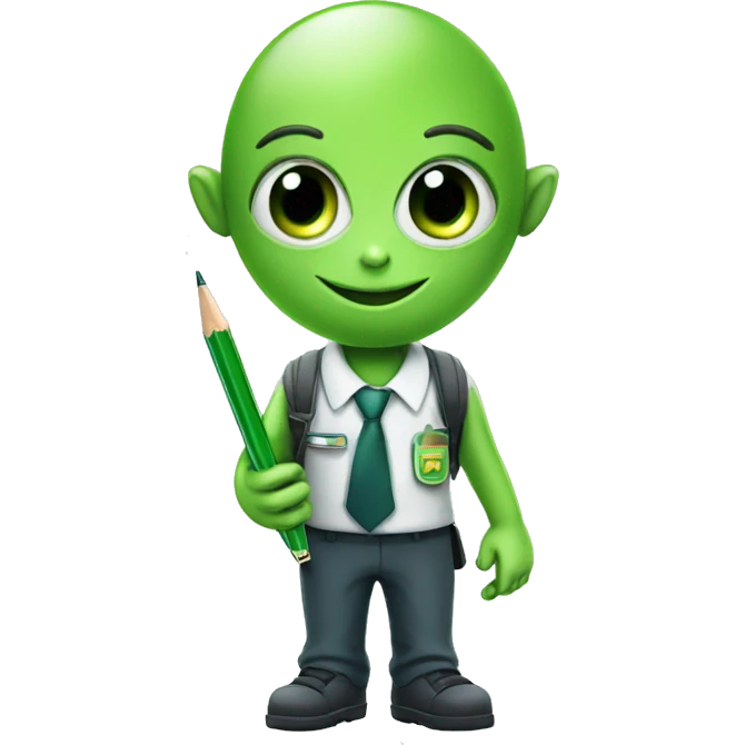 a green alien in school uniform holding a pen emoji