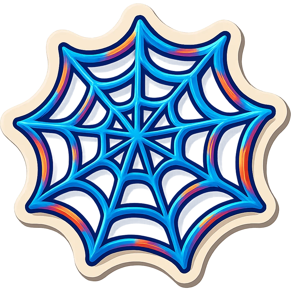 blue spider web with colored outlines, expressive shadows and highlights, transparent spaces between the web strands, no fill, playful and dimensional retro sticker style, no background fill between the web lines emoji