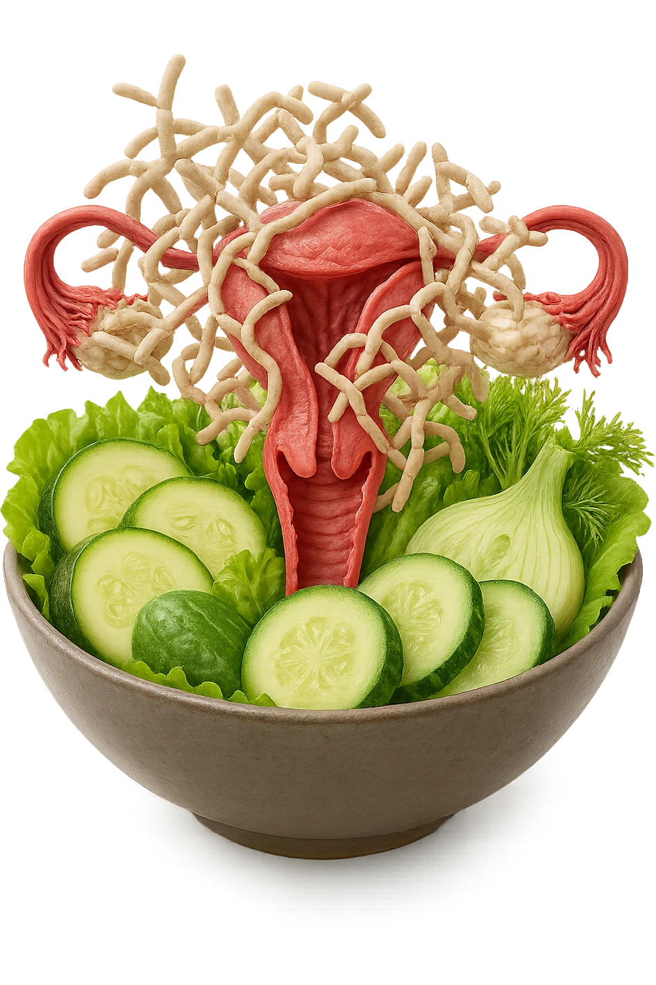 BOWL DI INSALATA CON zucchine, cetrioli, insalata, finocchi CON UTERO UMANO ANATOMICO REALISTICO CHE ESCE DA DENTRO LA BOWL INSIEME A BATTERI DELLA CANDIDA , IPERREALISTICO 4K emoji