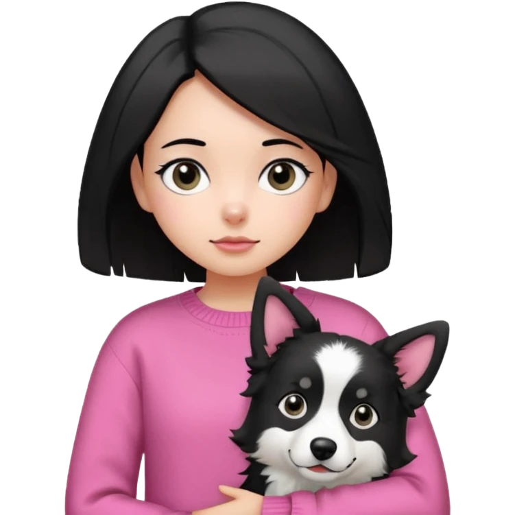 close-up of girl with side parted black hair shoulder length black eyes wearing pink sweater carrying black and white border collie with perked ears emoji style emoji