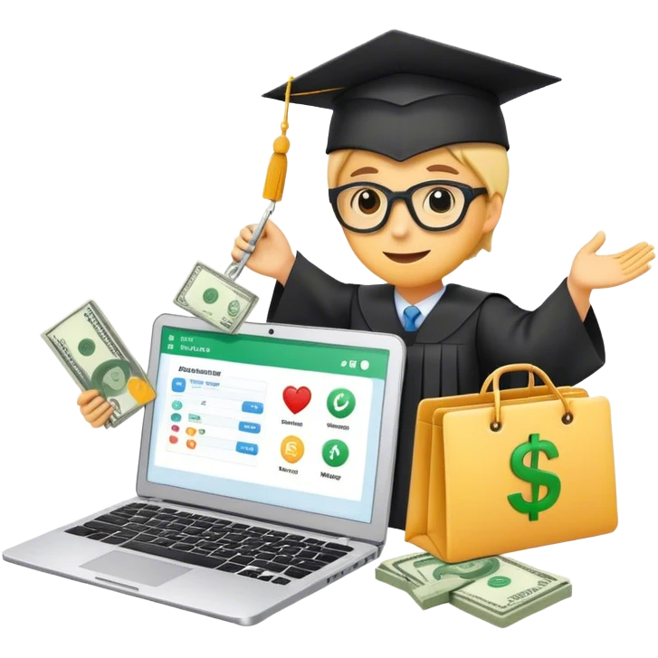 
*"Emoji-style illustration of making money online: a laptop, dollar bills, a smartphone, and social media icons like YouTube and TikTok."*training: a laptop with a shopping cart icon, a graduation cap, and a person teaching online with charts and money symbols."* emoji