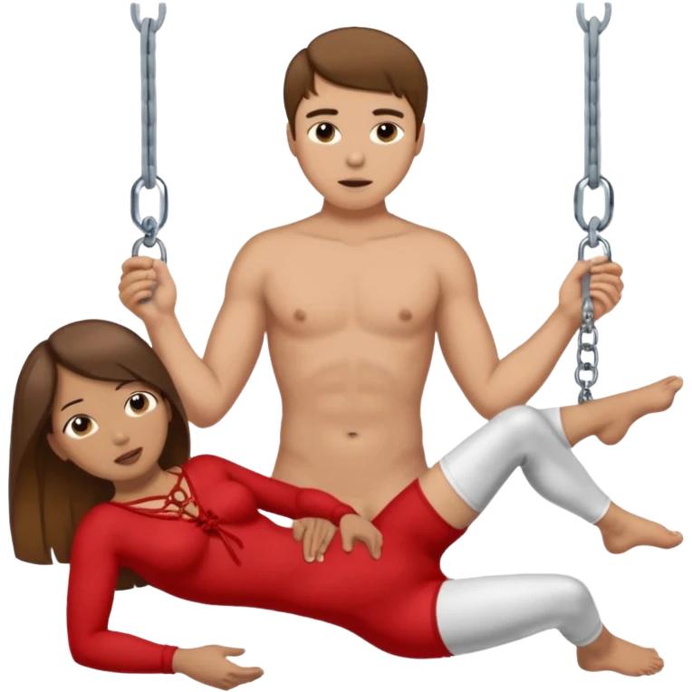 Brown hair Male submissive in chastity while tied down and is being pegged by a Hispanic female emoji