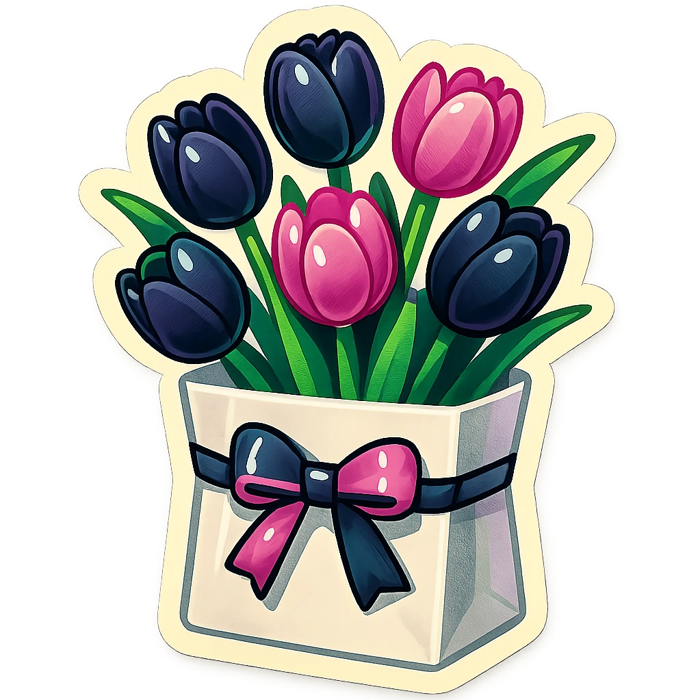 a bunch of black and pink tulips arranged in a white paper bag with a blackpink ribbon, retro stickers style, fun and energetic, thick outlines, sticker-like appearance emoji