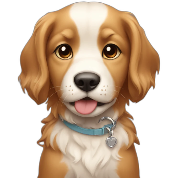 Caramel and white puppy with long hair with a collar around the neck written "Malu" emoji