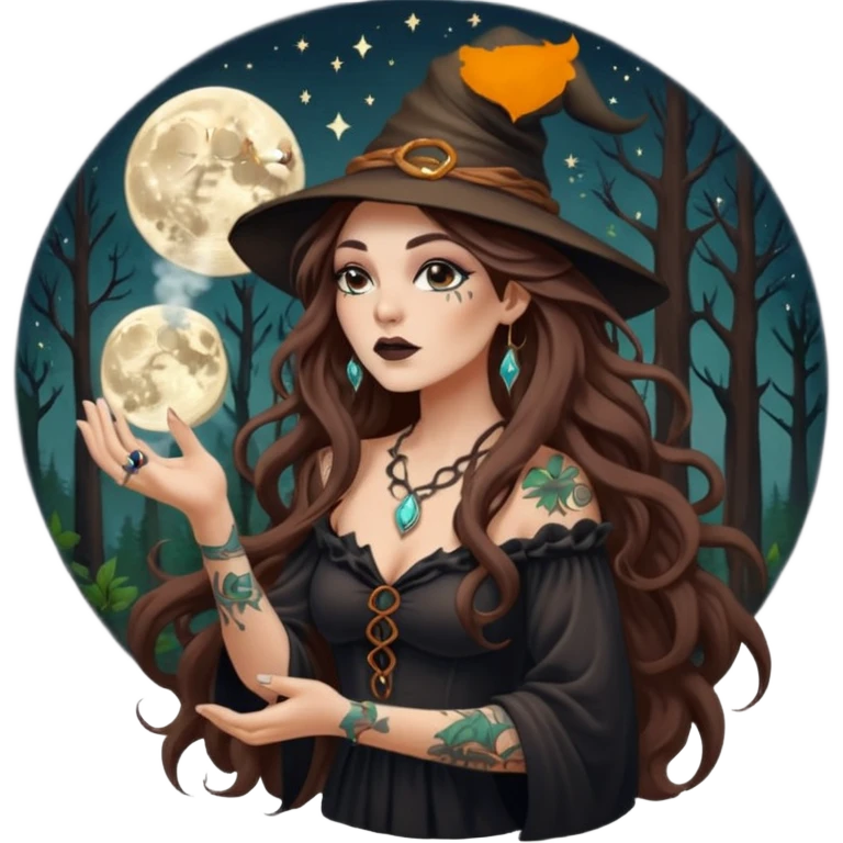 forest witch woman long wavy brown hair tattoos blowing moon dust emoji