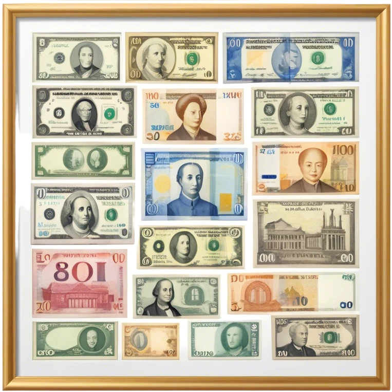 Icon for Banknote Collecting: old and new banknotes from different countries such as Euro, Dollar, Yen, Krona, Yuan, and others, displayed in frames on a wall. The icon should evoke the diversity and richness of currency collection. Transparent background. emoji