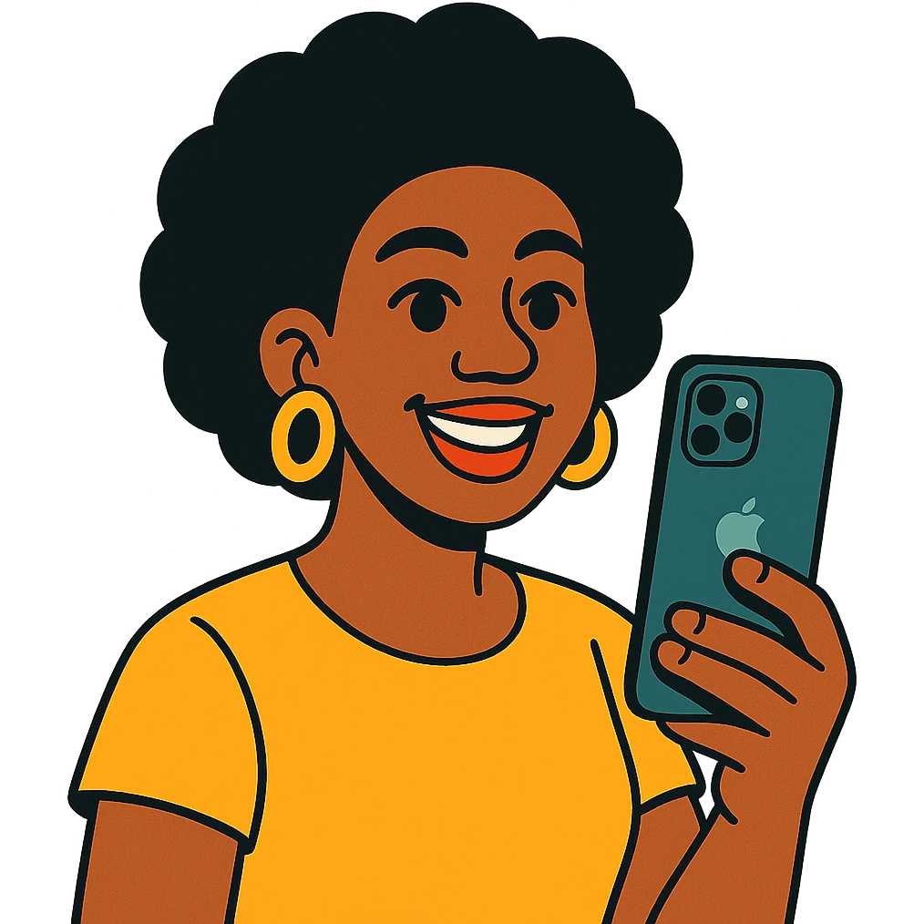 Afro-Caribbean woman smiling, holding iPhone, recording emoji
