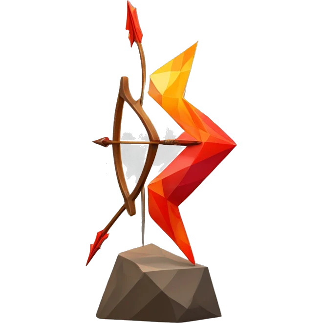 A bow and arrow symbol sculpture with a geometric, faceted design. The symbol is standing upright with angular and disney features. The vibrant red flame colors highlights the sharp edges and planes. emoji
