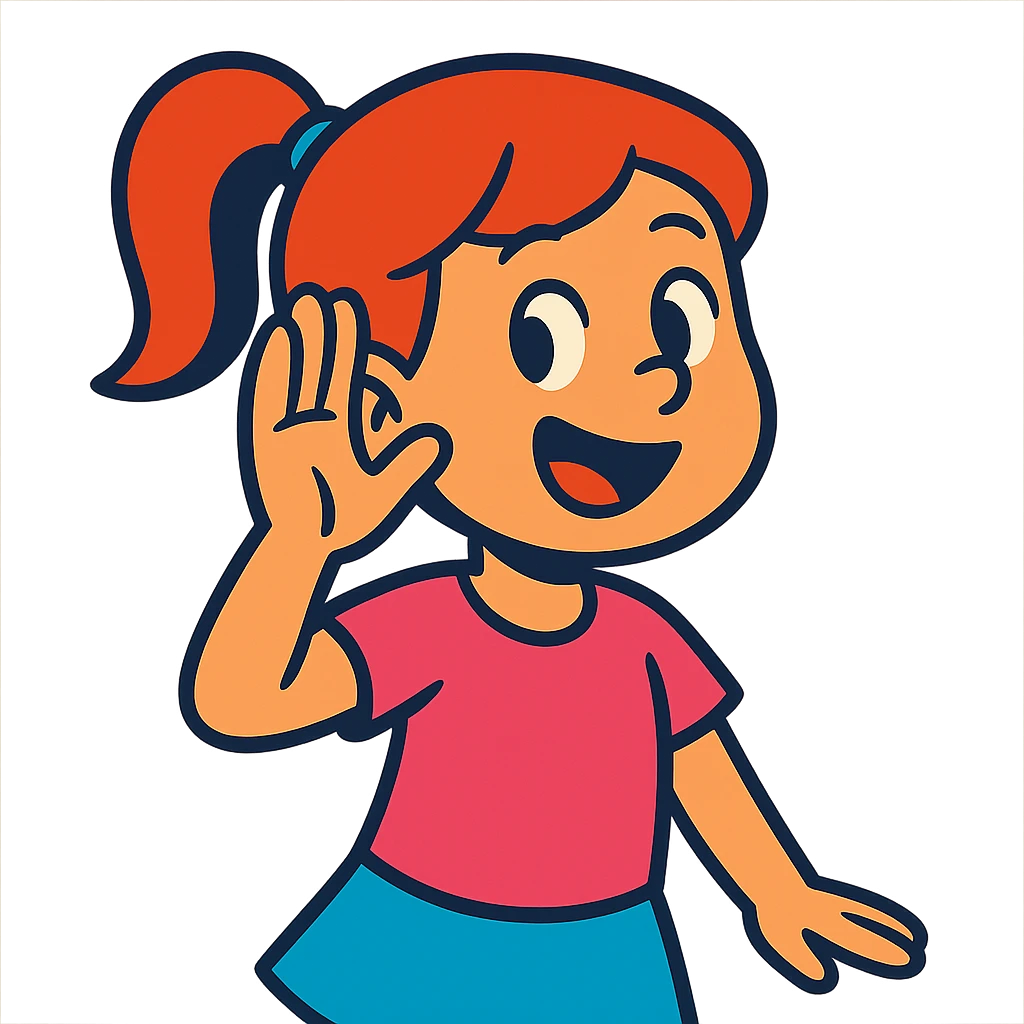 girl listening to viewer, side view, hand to ear, playful cartoon style emoji