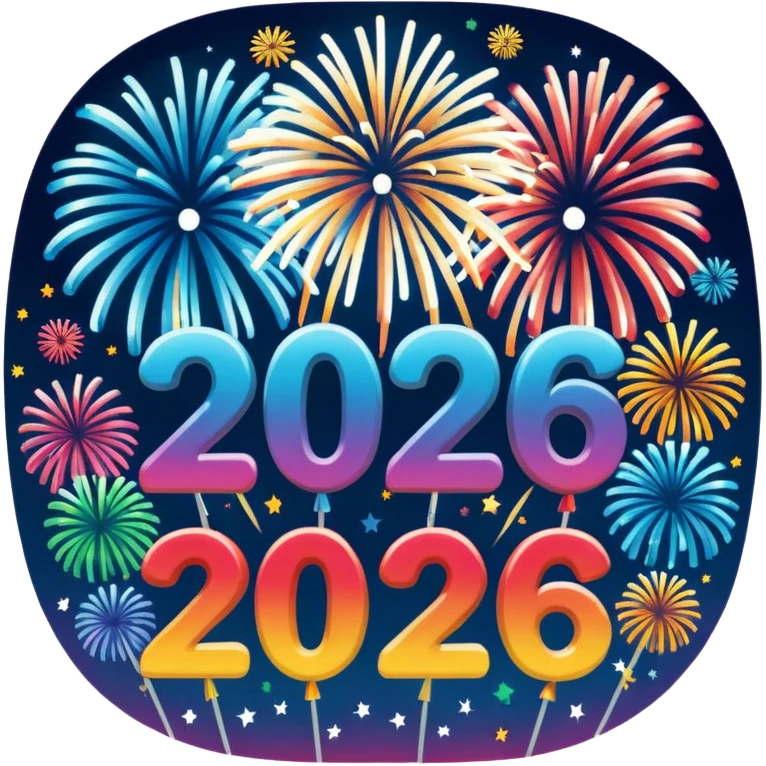 "Happy 2026" in backdrop of colourful fireworks in outline artwork emoji