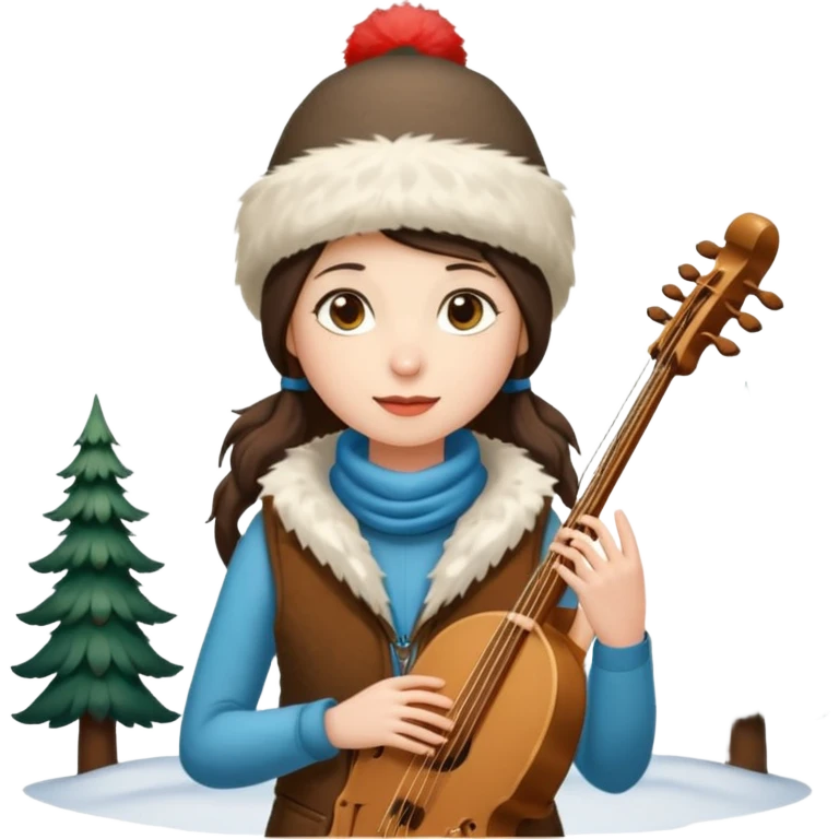 "Girl 👩🏻‍🦱 in fur hat 👒🦊 and vest 🧥, standing in snow ❄️🌲, holding a Bashkir dombyra 🎶 (long-necked two-string folk instrument). Emoji style." emoji
