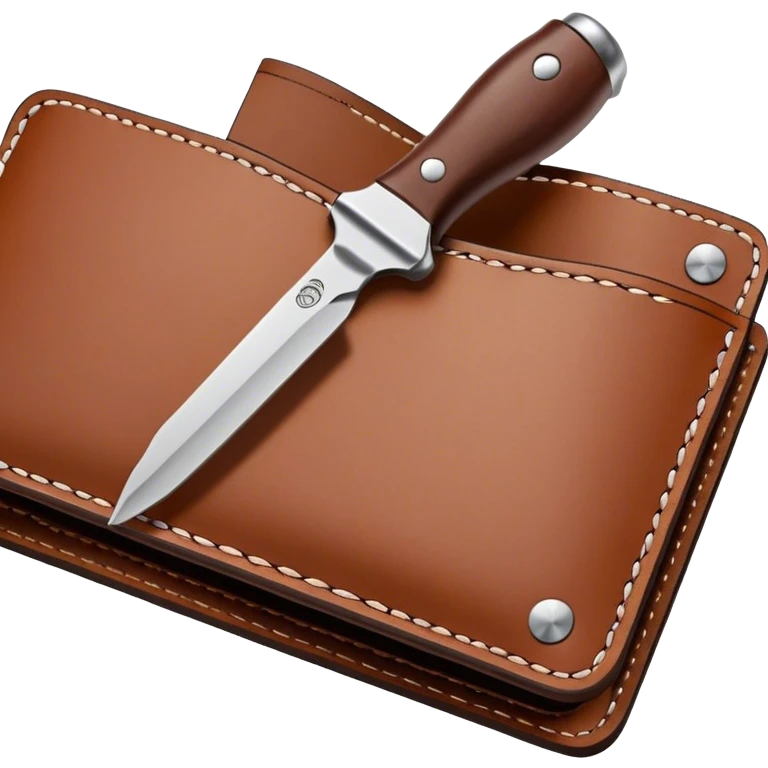 Leatherworking icon, piece of raw leather being crafted into a leather wallet or belt with engraving, professional tools like leather stitching awl, edge beveler, hammer, prying tool, minimalistic style, clean lines, transparent background. emoji