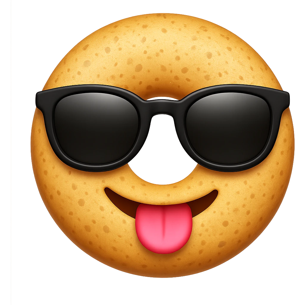 Make the dough a perfect circle with holes like a classic donut, add a textured surface, and use the same black sunglasses as the cool emoji on iPhone. Keep the background transparent. The style should resemble the iPhone emoji style with a clean and polished look. emoji