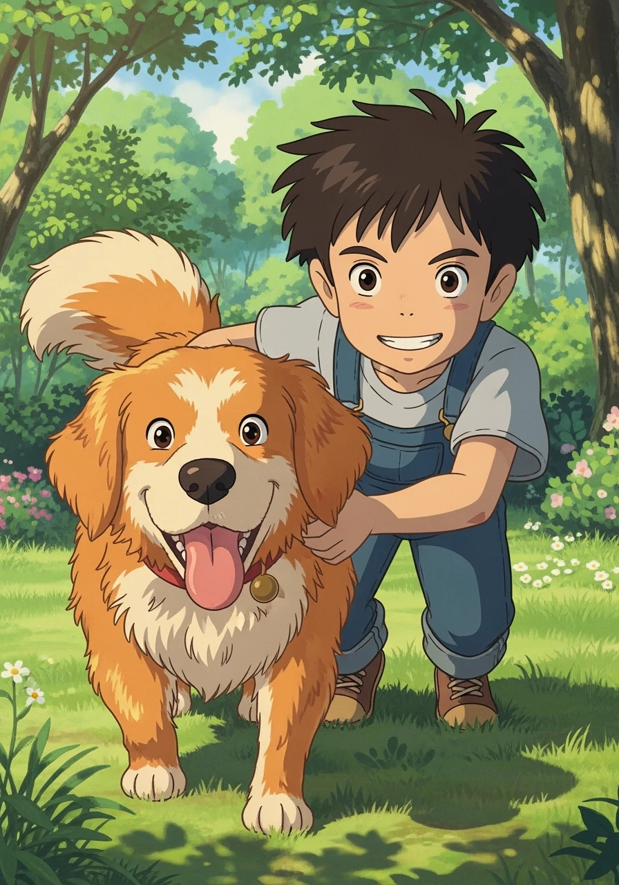 kid and his pet dog in studio ghibili style emoji