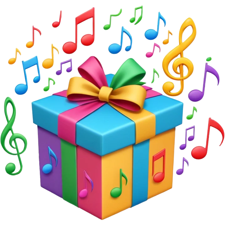 A wrapped gift box opening with colorful music notes flying out. emoji
