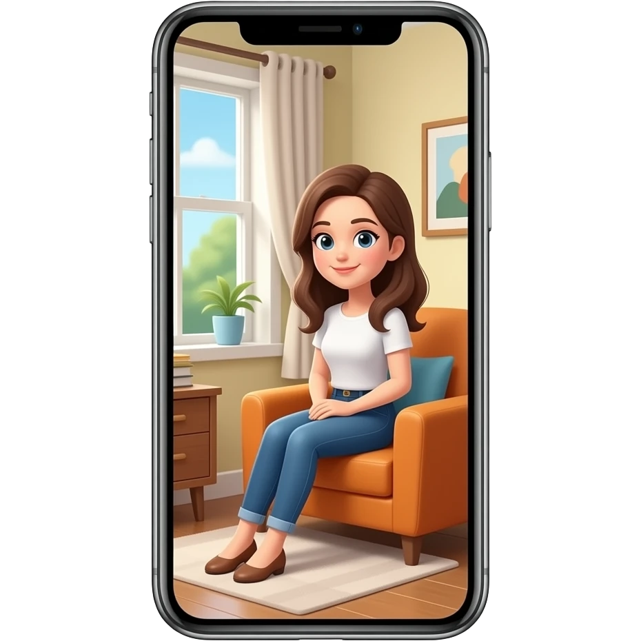 smartphone with a woman in a room on the screen emoji