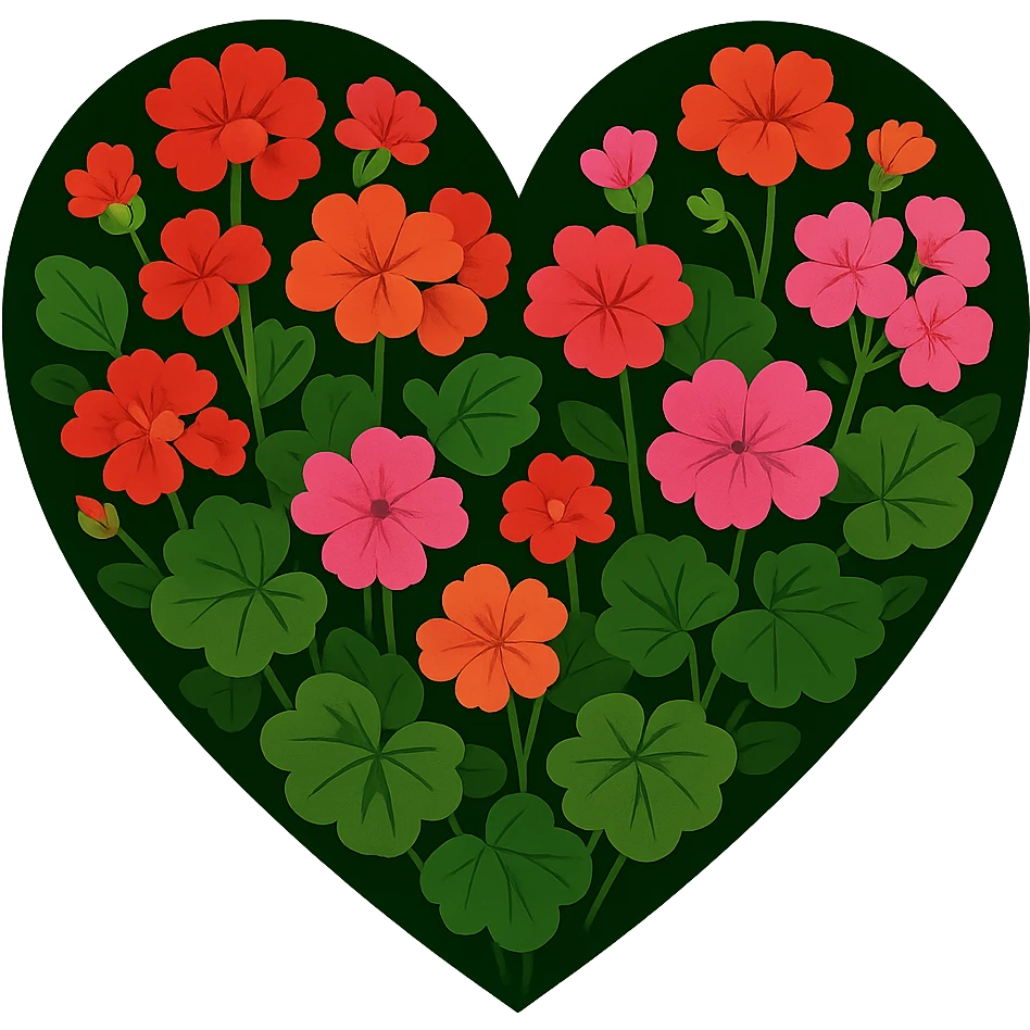 heart with a vibrant geranium garden, clean digital illustration, no background emoji