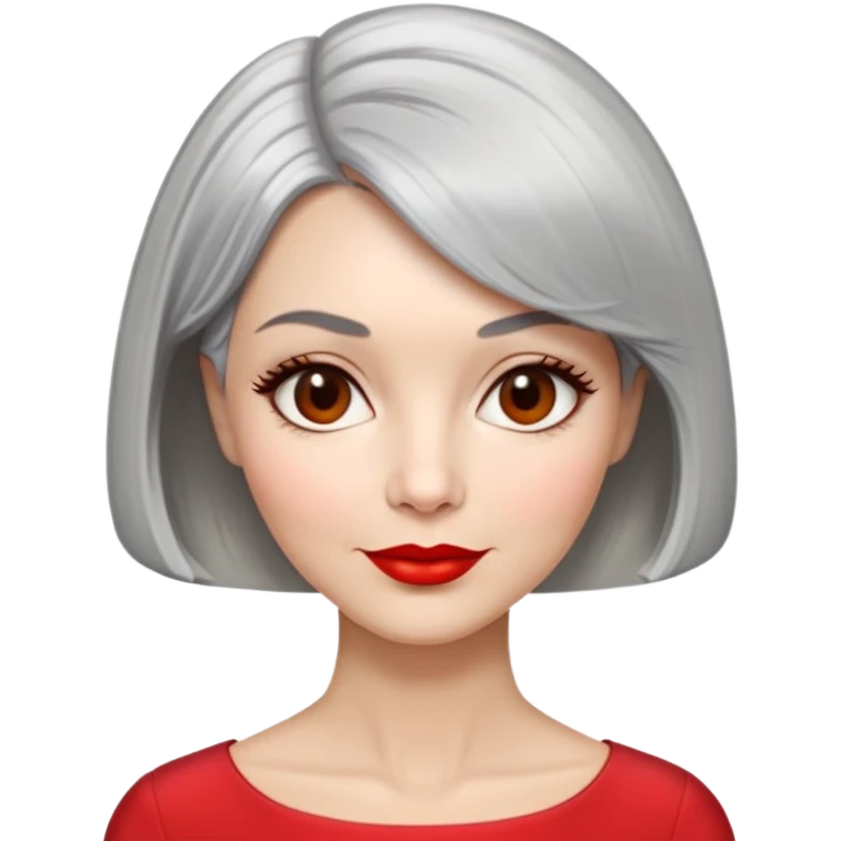 Sophisticated 70s woman with silver-gray bob cut, fair skin, almond eyes, distinctive cheekbones, wearing red lipstick and red blouse, warm friendly expression emoji