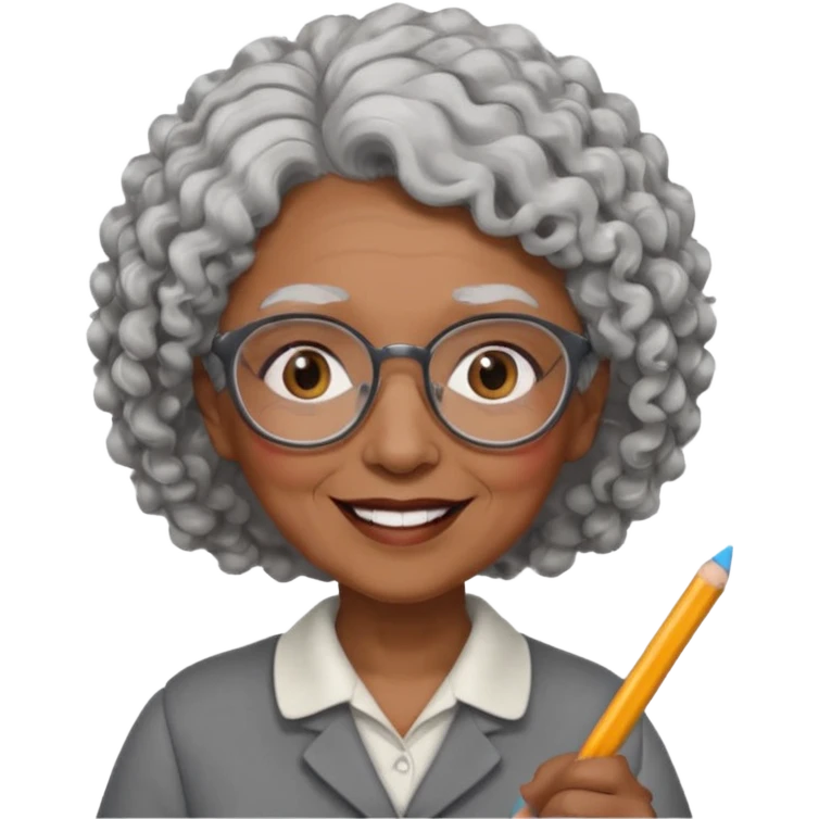 old woman teacher, brown skin, curly grey white hai, wearing glasses, hold chalk on hand emoji