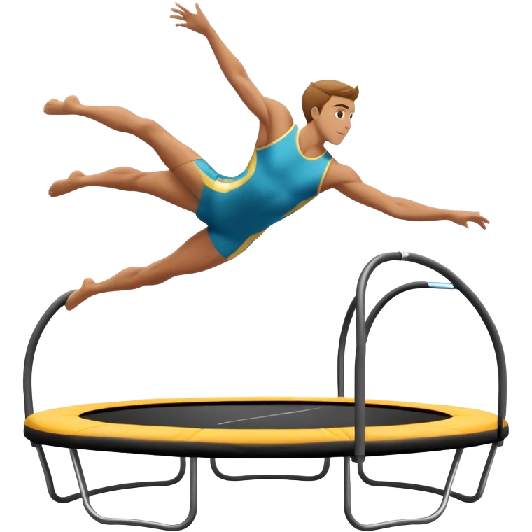 An athletic person soaring high above a trampoline, executing an acrobatic flip with perfect form. The scene captures motion and energy, with a dynamic pose, stretched limbs, and a focused expression. The background suggests a professional trampoline arena with safety padding. emoji