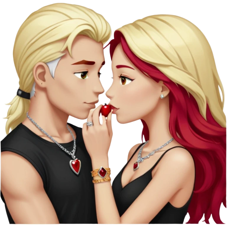 close-up of young couple kissing, girl with long cherry red hair and blonde eyebrows, gold A necklace, diamond ring, red bracelet, boy with stark white hair, silver ring with black stone, dark t-shirt emoji