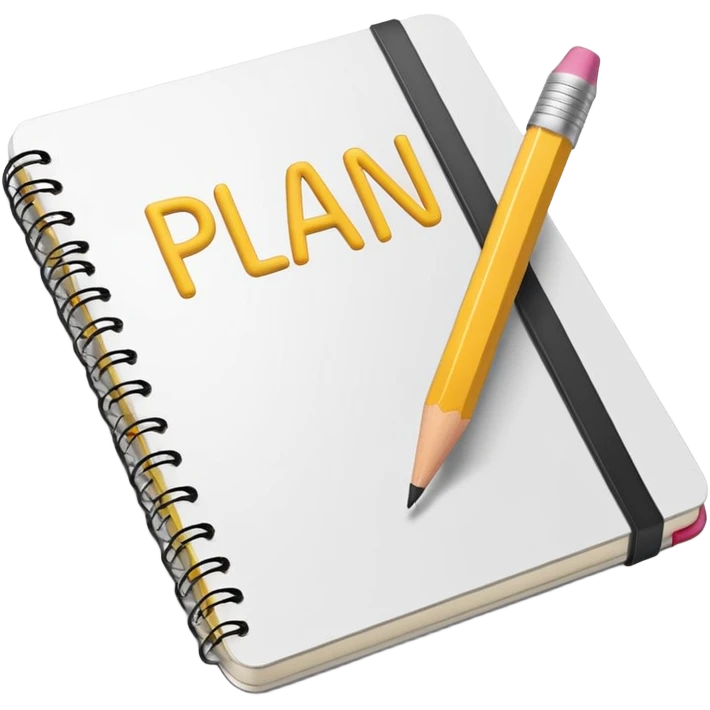 Emoji of a notebook with a pencil and the word “PLAN” written on the cover, iPhone emoji style. Flat design, smooth gradients, rounded edges, soft shadows, clean look, white background. emoji