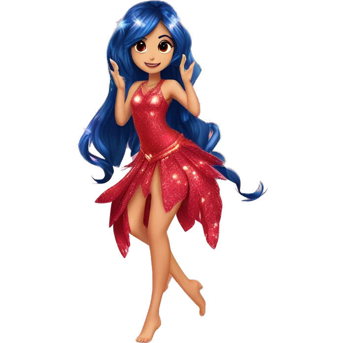 Musa asian adult latina fairy of music in her enchantix fairy red sparkling two-piece clothing and fairy enchantix wings and long dark blue hair from winx club. Lots of sparkles and fairydust. Full body pic and full fairy bliss emoji