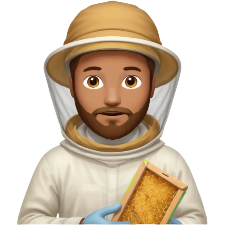 male bee keeper with brown hair and beard, white outfit,  emoji
