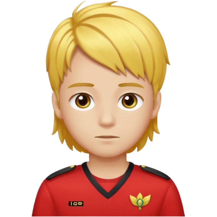 SARI SAÇLI SAÇININ YARISI SOLA DOĞRU DİĞERİNİN SAĞ TARAFTA AMA DÜZ DURAN KAHVERENGİ GÖZLÜ UZUN KİRPİKLİ BUĞDAY RENKLİ KIRMIZI ÜNİFORMALI BİR ERKEK ÇOCUK emoji