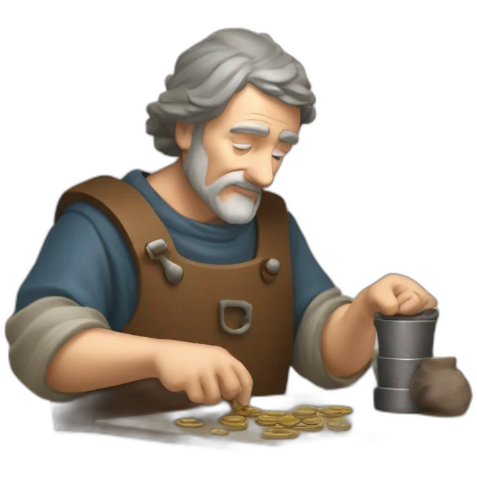 old and experienced coin engraver yielding a coin, medieval age emoji
