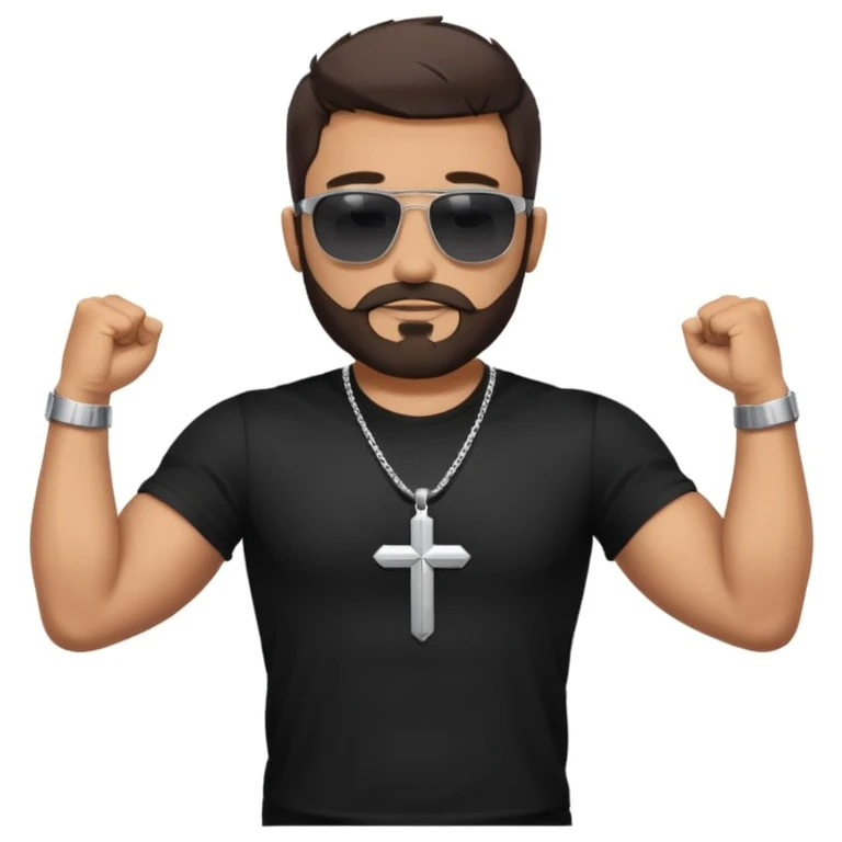 man with a beard and short dark hair, wearing sunglasses, a black t-shirt, and a cross necklace, flexing his arms confidently, outdoors emoji