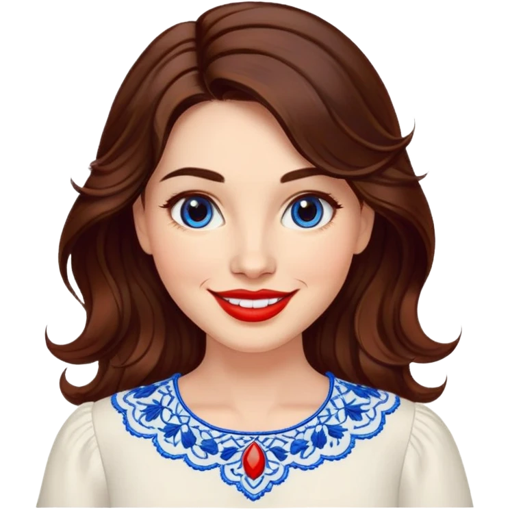 Friendly woman in her late 30s with luminous fair skin, round face, wide smile, large light brown eyes, vibrant red lips, shoulder-length dark brown wavy hair, wearing white blouse with blue embroidery and electric blue neckline emoji