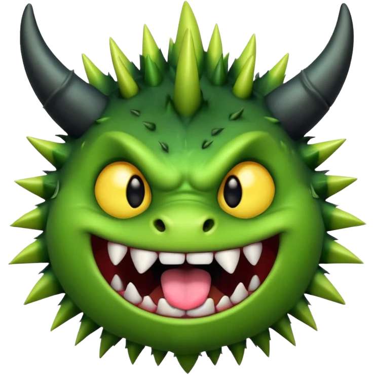 A green monster with two small black horns, spiky fur, big round yellow eyes, and a wide grin showing sharp teeth with its tongue playfully sticking out.  emoji