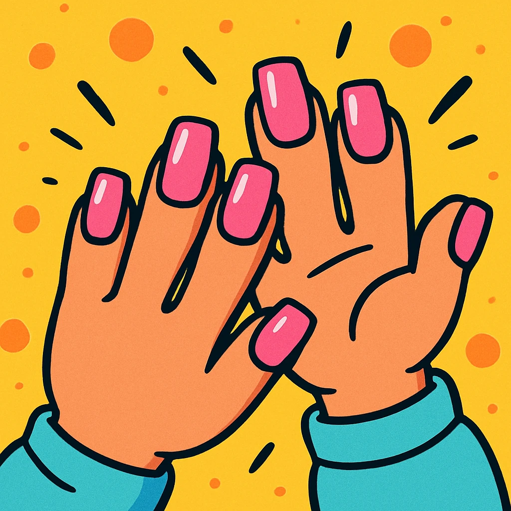 pink cute press on nails on cute hands, vibrant toon style, bold outlines, lively expression emoji