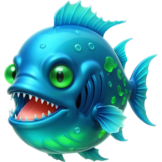 3D render of Anglerfish, bioluminescent deep sea style, glowing neon blue and green lights, dark background to contrast the glow, translucent organic textures, Apple emoji style, 3D render --v 6.0 emoji