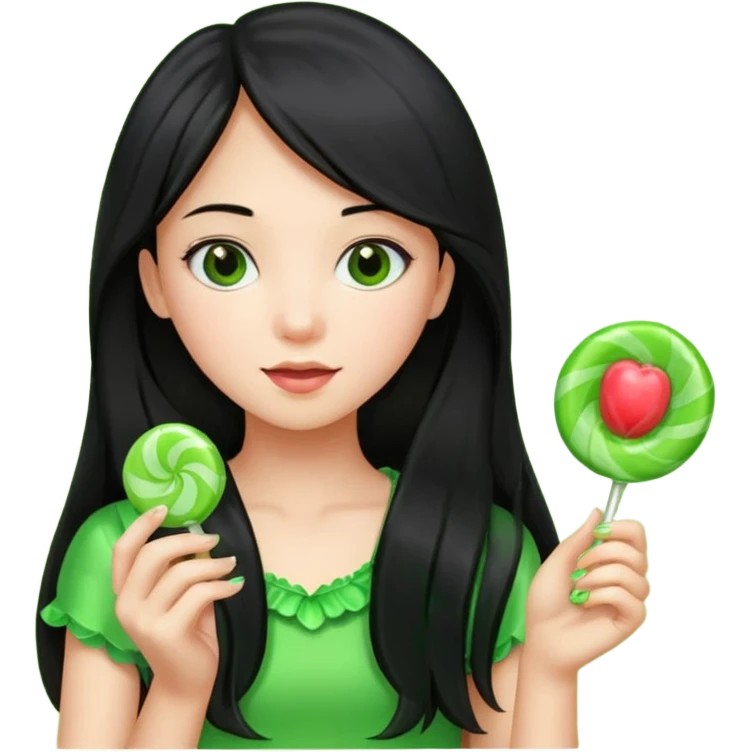 A girl with long black hair holding a piece of green hard candy in one hand and a green candy wrapper showing a guava on it in the other hand emoji