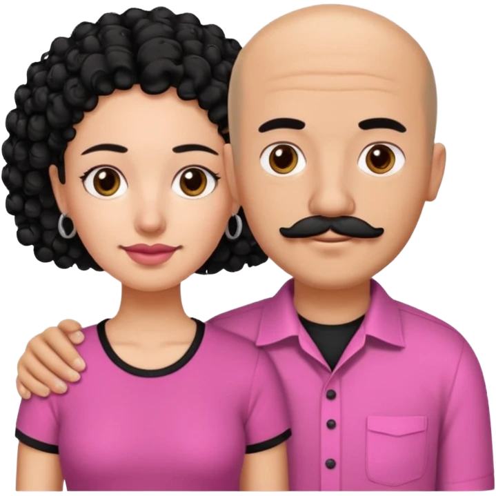 A picture if a couple, the man is a Mexican man with really short almost bald black hair and a trimmed mustache, a black shirt on. the woman is mixed with black and white, with curly hair and a pink shirt on emoji