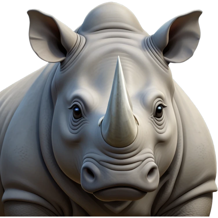 cinematic-noble--rhinoceros-portrait-emoji,slate-grey-hide--poised-and-regal,-with-a-massive,-powerful-build-and-a-thick, -deep-set-soulful-piercing-eyes,-simplified-yet-sharp-and-sophisticated-features,-highly-detailed,-large-black-eyes, zoomed out showing shoulders, large white horn  emoji