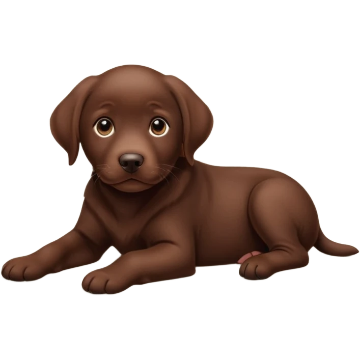 A chocolate Labrador Retriever puppy lying on a cozy carpet indoors, looking curious. Warm indoor light, realistic fur detail, shallow depth of field. emoji