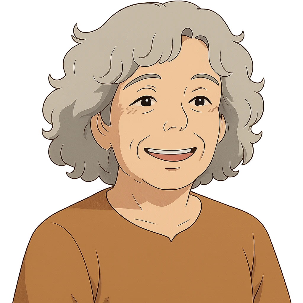 ghibli style smiling 50 year old lady with silver curly hair emoji