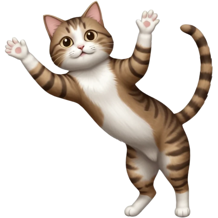 dark brown tabby and white cat with doing a big extremely long stretch reaching up into the air with arms and legs side by side together straight and overextended whilst lying on its side emoji