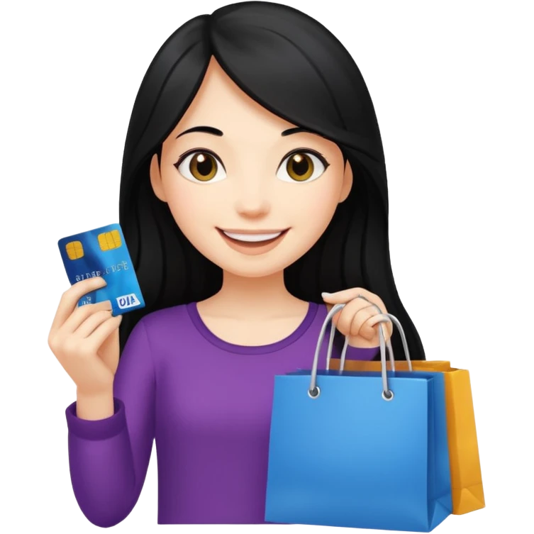Girl with long black hair holding shopping bags and credit card emoji
