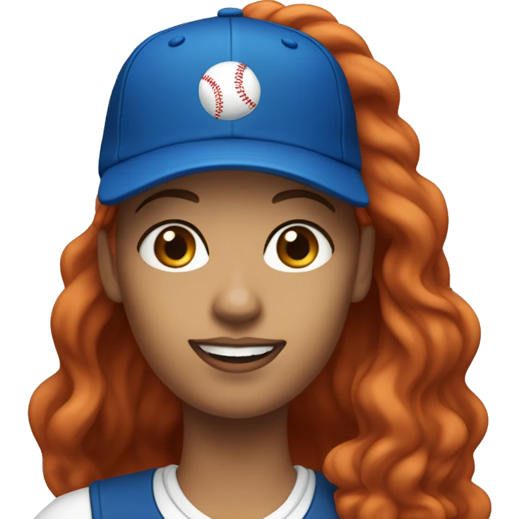 front facing, standing female coach with long red hair, wearing a white t-shirt and a simple blue baseball hat emoji