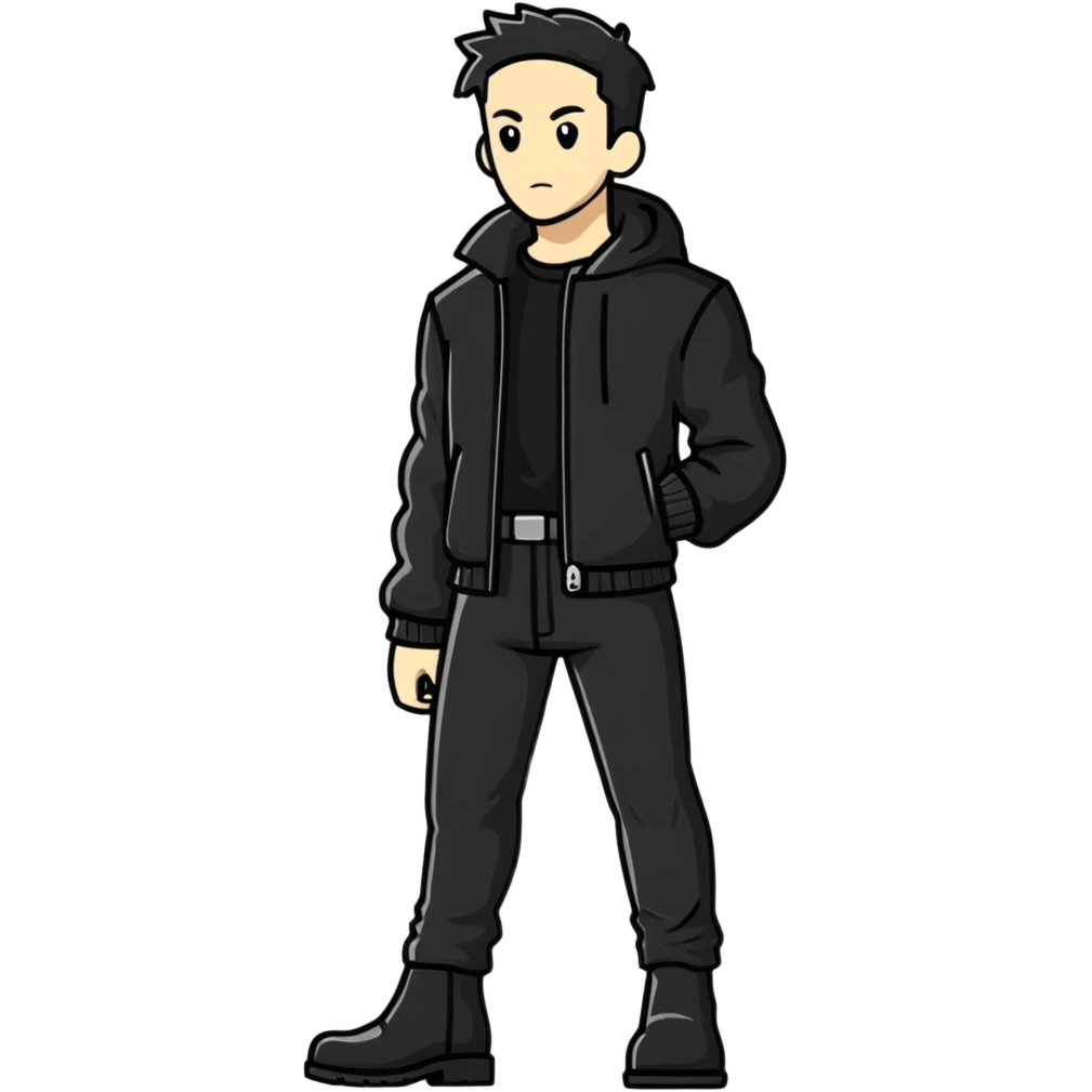 Full body standing male figure wearing black jacket, black pants, and black boots emoji